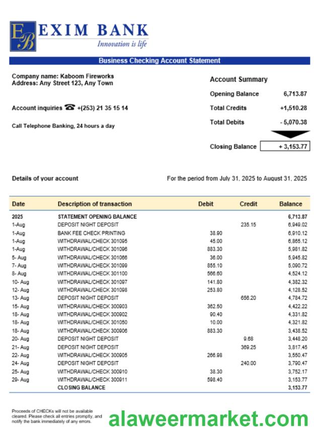 Exim bank business account statement Word and PDF template
